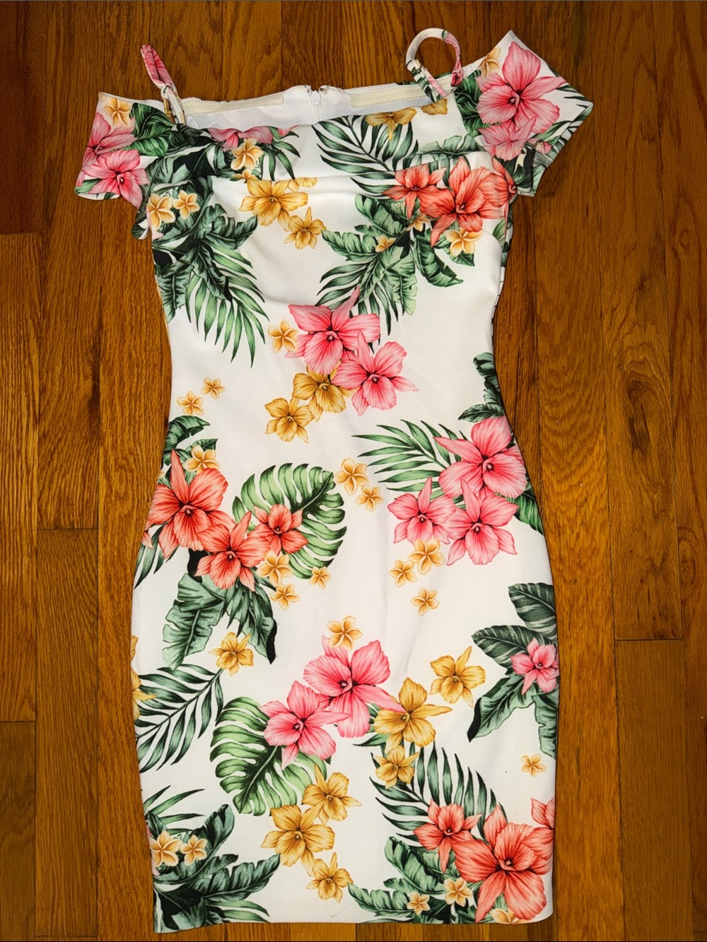 Guess White Tropical Floral Off-Shoulder Mini Dress with Pink & Yellow Flowers